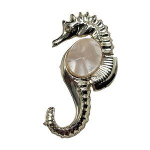 Vtg Seahorse Brooch Pink Belly Silver Tone 2.25" Sea Nautical Animal Beach Gift